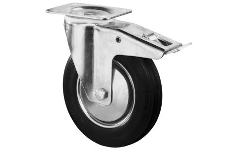 Wiel rubber zwart los plaat+rem